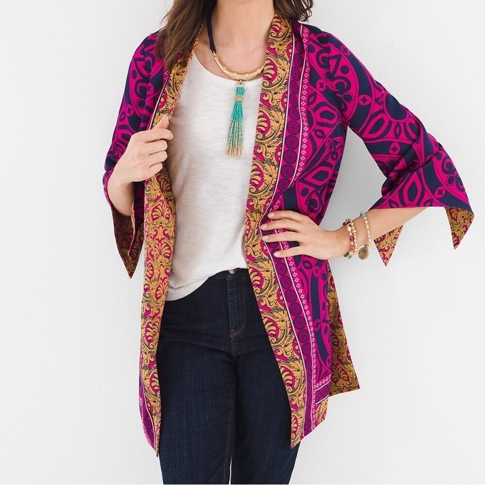 Chico's Reversible Printed Multicolor Bohemian Silky Open Front Kimono Jacket
